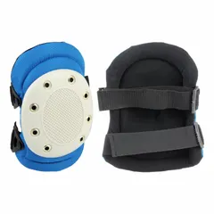 These knee pads feature a plastic cap and foam pad for cushioning on hard surfaces. Two elastic straps with a clip closure secure the pad in place. Suitable for tasks requiring knee protection in industrial environments.