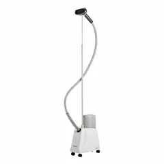 This garment steamer operates on 110V input voltage with a single setting. It includes auto shutoff for safety and has an overall length of 65 inches. Suitable for removing wrinkles from garments and fabrics in commercial laundry, hospitality, and retail settings.
