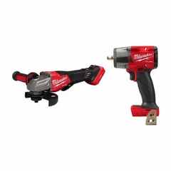 This combo kit includes an M18 18V cordless angle grinder (3672-20) and an M18 18V cordless impact wrench (2960-20), both sold as tool only without batteries or charger. The angle grinder is suited for cutting and grinding, while the impact wrench is designed for fastening and loosening bolts. Typical applications include metal fabrication, construction, and maintenance tasks requiring portable power.
