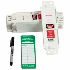 Green/white rectangular plastic safety tag for indoor/outdoor use. Supplied in a 10-pack with English text. Suitable for general purpose safety identification, lockout/tagout, equipment status, and hazard marking.