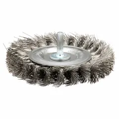 This heavy-cleaning brush is designed for contoured stainless steel surfaces. It features a twisted stainless steel fill of 0.014" and measures 4" in diameter by 1/2" width. The brush has a 1/4" shank and is suited for removing rust, scale, and weld splatter in metal fabrication and industrial maintenance tasks.