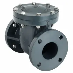 This ASAHI swing check valve prevents backflow in piping systems. It features a PVC body with EPDM seat, 3-inch pipe size, and flange x flange connections. Suitable for industrial water treatment, chemical processing, and fluid handling applications.