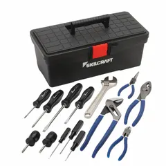This 14-piece tool set includes combo slip-joint pliers, three Phillips screwdrivers, and an adjustable wrench, all stored in a tool box. Suitable for general maintenance, repair, and assembly tasks in industrial, commercial, and facility settings.