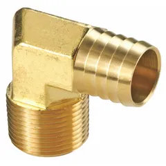 This brass push-on barbed hose fitting connects a 1/4 in hose to a male NPTF threaded port. It is suited for air, water, and chemical transfer applications in industrial fluid handling systems. The fitting size is 1/4 in x 1/4 in with male x male gender.
