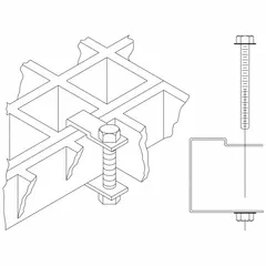 FIBERGRATE F-1 clip assembly for securing fiberglass grating to support structures. Constructed from 316 stainless steel for corrosion resistance. Suitable for industrial environments where metal clips may corrode.