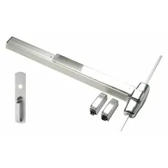 This surface vertical rod push bar is constructed of aluminum and features a touchbar with thumbpiece pull. Designed for doors up to 3 ft wide, it is used in commercial and industrial settings for emergency egress applications.