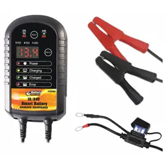 This automatic smart charger is designed for charging and maintaining AGM batteries. It delivers a charging current of 4 A at 24V and a maintaining current of 8 A at 12V. The unit features a 6.5 ft cable and is suitable for use in vehicles, industrial equipment, and backup power systems where AGM batteries are employed.