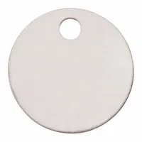 This 1-inch diameter marker tag is made of 304 stainless steel with a thickness of 0.04 inches. It features one hole for attachment and supports up to one line of text. Designed for use with label stamping presses, it provides permanent identification in industrial settings