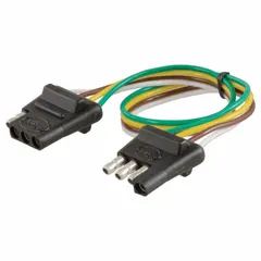 This 4-way electrical plug connects trailer lighting to a tow vehicle, supporting turn signals, brake lights, and tail lights. Constructed with rubber and 16 ga wire gauge, it is suitable for both trailer and tow vehicle wiring in standard 4-way lighting systems.