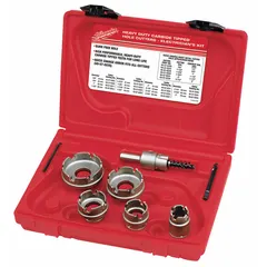This 7-piece hole cutter kit features carbide-tipped construction for cutting clean holes in metal materials. With a maximum cutting depth of 1/8 in, it is suited for use in sheet metal and thin-gauge steel. Not impact rated.