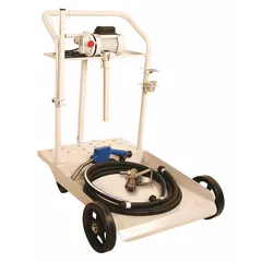 This cart-style pump system is designed for dispensing diesel exhaust fluid (DEF) from drums. It operates on 115 V AC with 1/10 hp, features a polypropylene construction, and delivers a maximum flow rate of 8 gpm. The kit includes a discharge hose and a stainless steel nozzle; a meter is not included.
