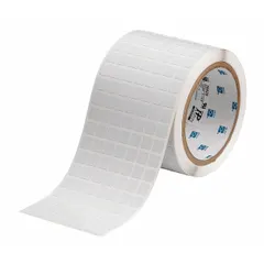 Precut label roll made of polyimide with white gloss finish. Each label measures 3/8 in x 3/8 in, with 10,000 labels per roll. Compatible with i7100 printer series. Used for high-temperature labeling in electronics and industrial applications.