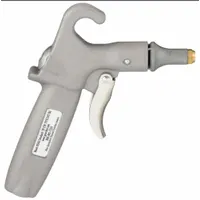 Pistol-grip air gun with aluminum body and 1/4 in female NPT inlet. Features a straight nozzle and integrated chip shield for operator protection. Designed for blow-off applications such as clearing debris, chips, and dust from work surfaces, machinery, and parts in industrial environments
