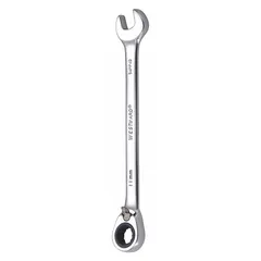 This metric 12-point ratcheting combination wrench features an 11 mm head size and a 6 1/2 in overall length. The offset design provides clearance in confined spaces. Made of alloy steel with a chrome finish, it is suited for general industrial fastening tasks such as assembly, maintenance, and repair.