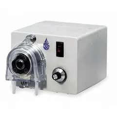 This peristaltic chemical metering pump features an adjustable flow rate with a maximum of 97 gallons per day, driven by a 1/60 hp motor. It utilizes synthetic rubber tubing and offers a reproducibility of ±2.0%. Typical applications include dosing of chemicals in water treatment, industrial processing, and agricultural systems.