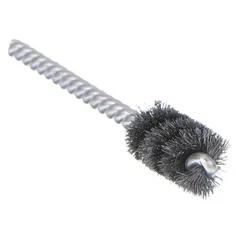 This WEILER brush is designed for cleaning blind holes in carbon steel. It removes debris, burrs, and surface contaminants from internal bores and tubes. The brush features a 3/8 in diameter, 0.006 in fill diameter, and 1/8 in stem diameter. It is commonly used in machining, maintenance, and fabrication applications.