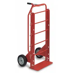 This 2-wheel tilt-style cart is designed for dispensing wire spools in industrial settings. It features a red finish and accommodates up to 5 spindles. Typical applications include electrical, construction, and manufacturing environments requiring efficient wire handling.