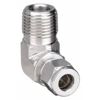 This PARKER double-ferrule stainless steel compression elbow connects 3/8 in OD tubing to 1/8 in male NPT threads. It is suitable for tube-to-pipe transitions in hydraulic, pneumatic, and instrumentation systems requiring leak-tight seals