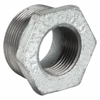 Medium-pressure threaded pipe fitting, straight reducer coupling, 1-1/4 in x 3/4 in, made of malleable iron. Rated for 300 psi at 150°F. Used to connect pipes of different sizes in plumbing, HVAC, and process piping systems for steam, water, or gas