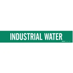 Green adhesive pipe marker with white legend text reading 'Industrial Water'. Fits pipe outer diameters from 2-1/2 to 7-7/8 inches. Supplied without arrows. Used to identify pipes carrying industrial water in facility piping systems.