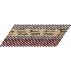 Collated framing nails with 3-inch length, offset round smooth shank, and diamond point. Suitable for high-speed framing, sheathing, and decking in wood-to-wood construction. Pack of 3,000.
