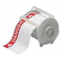 White vinyl label roll with DANGER header, sized 4 in x 6 1/4 in and 6 1/4 in x 4 in. Acrylic adhesive provides secure bonding. Compatible with GlobalMark 2 printer series for on-demand printing. Used to create hazard warning signs for equipment, pipelines, and access points in industrial settings
