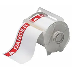 White vinyl label roll with DANGER header, sized 4 in x 6 1/4 in and 6 1/4 in x 4 in. Acrylic adhesive provides secure bonding. Compatible with GlobalMark 2 printer series for on-demand printing. Used to create hazard warning signs for equipment, pipelines, and access points in industrial settings.