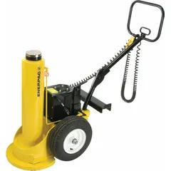 Steel-bodied wheeled jack with 100 ton load capacity and 1 in minimum lift. Powered by a 240 Volt electric pump actuator. Used for lifting heavy loads in industrial maintenance and plant operations.