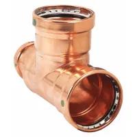 Copper or bronze press tee fitting with Dimple Center Stop for branch connections in plumbing systems. Size: 3 in CTS x 1 1/2 in CTS x 3 in CTS. Suitable for water supply, hydronic heating, and process piping
