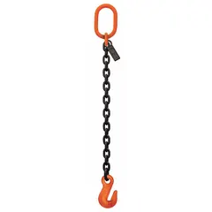 Grade-100 single-leg chain sling with 9/32 in chain trade size, made of alloy steel. Includes a fixed grab hook for secure attachment. Used for overhead lifting and rigging in industrial settings.
