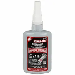 Red, high-strength threadlocker in a 1.69 fl oz bottle. Designed to lock and seal threaded fasteners against vibration loosening and leakage. Used on bolts, studs, and nuts in industrial machinery, pumps, and combustion equipment where a permanent bond is required.
