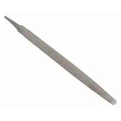 Single-cut round file with safe edge and bastard cut, 12 inches long without tang, natural finish. Tapered slightly towards the point. Used for deburring, smoothing, and shaping metal in general machining and fabrication work.