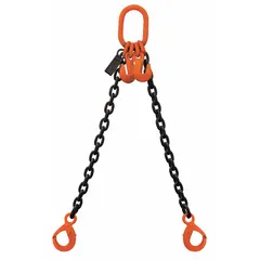 This adjustable-length double-leg chain sling is constructed from alloy steel with a Grade-100 chain rating. It features latching hooks for secure attachment and is used for overhead lifting and rigging in industrial settings such as construction, manufacturing, and warehousing.