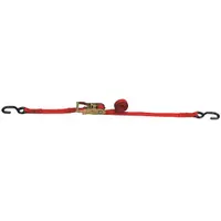 Ratchet-style tie-down strap with 8 ft length and 700 lb working load limit. Features steel S-hooks and red polyester webbing. Used for securing motorcycles on trailers or truck beds during transport