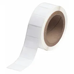 White matte precut label roll measuring 1 1/2 in x 1 in. Temperature-indicating material changes color upon exposure to sterilization conditions. Compatible with IP Series printers for on-demand printing. Used for sterilization tracking in healthcare and industrial applications.