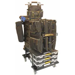 This heavy-duty modular utility cart measures 27 inches wide, 40 inches deep, and 43 inches high. It is padlockable for security and comes in a black finish. Suitable for organizing and transporting tools and equipment in workshops and maintenance facilities.