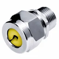 Straight metallic cable grip with steel body and silver finish. Connects via 1 in MNPT to boxes or enclosures, accepting cord diameters from 0.63 to 0.75 in. Rated IP66 and Class I, Division 2 for hazardous locations. Includes yellow color-coded grommet; overall length 2 1/8 in