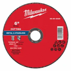 This MILWAUKEE Type 1 cut-off wheel is made of aluminum oxide with 46 grit, sized 6" x 0.045" x 7/8". It is designed for general-purpose cutting of carbon steel and stainless steel. Suitable for use with angle grinders in fabrication, maintenance, and metalworking applications.