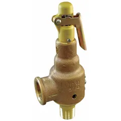 ASME Section I steam pressure relief valve with bronze body, 1 1/2 in MNPT inlet and 2 in FNPT outlet. Rated for maximum operating pressure of 264 psi. Used for overpressure protection on boilers and steam systems.