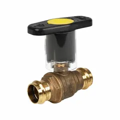 This JOMAR VALVE ball valve is a 2-inch, full port, straight pattern valve made of brass. It features Press x Press connections and a locking lever handle for secure on/off flow control. Suitable for use in commercial and light industrial piping systems handling water, oil, or gas.