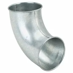 Steel elbow for 4 in duct diameter with a 90° angle, 10 in overall length, and 1 in centerline radius. Used in ventilation, dust collection, and material handling ductwork to change airflow direction.