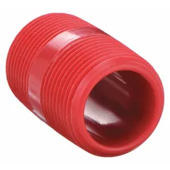 Schedule 80 fully-threaded pipe nipple made of UV-resistant polyvinylidene fluoride (PVDF) in red. 1/2 in fitting pipe size with 1 1/8 in overall length. Meets ASTM D3222 standards. Used in industrial fluid handling systems requiring UV resistance and chemical durability.