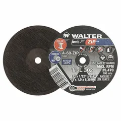 General-purpose cut-off wheel for carbon and stainless steel. Type 1 design with 60-grit aluminum oxide. Measures 3" diameter, 1/32" thickness, 1/4" arbor hole. Suitable for cutting metal stock, tubing, and sheet in maintenance and fabrication work.