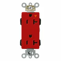 This LEVITON decorator duplex receptacle is a general-purpose wiring device rated 125V AC, 20A, with NEMA 5-20 configuration (2-pole, 3-wire). The red housing provides visual identification for specific circuit requirements. Typical applications include power distribution in commercial and industrial environments for office equipment, workstations, and light machinery