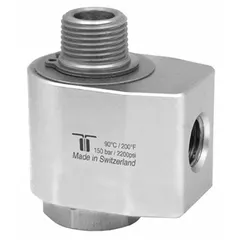 This rotating joint transfers fluid or gas from a stationary supply line into rotating equipment. Constructed of nickel-plated C38500 brass with a single passage and a 3/8 in threaded rotating shaft, it is rated for a maximum speed of 30 RPM. Suitable for low-speed rotary indexing tables, packaging machinery, and light industrial automation.