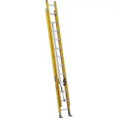 This 24 ft fiberglass extension ladder features a fixed fly and a 375 lb load capacity. The non-conductive construction provides electrical insulation for overhead work in environments where live circuits may be present. Yellow finish. Weight: 58 lb.