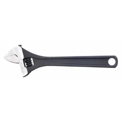 General-purpose adjustable wrench with black phosphate finish. Overall length 18 in, jaw capacity 2 3/8 in. Used for turning nuts and bolts in plumbing, automotive, and industrial applications.