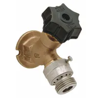 Standard-design hose bibb with a brass body and plastic handwheel handle in a rough bronze finish. Inlet connection is a 1/2-inch solder cup. Used for outdoor water supply connections, such as garden hoses on residential or commercial buildings