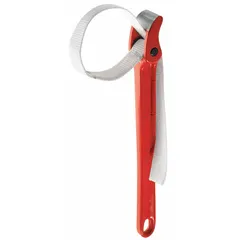 This strap wrench features a 13-inch aluminum handle and a 1 1/4-inch wide nylon strap. It is designed for gripping and turning cylindrical objects without marring surfaces, suitable for plumbing and mechanical tasks.