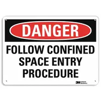 This danger sign communicates confined space entry procedures. It features an Engineer Grade retroreflective surface for visibility and mounting holes for secure attachment. Nominal size is 7 in x 10 in. Suitable for industrial environments where confined space warnings are required